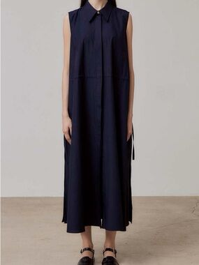 VIS Ā VIS Luxury Gathered A-Line Sleeveless Midi Shirtdress Navy